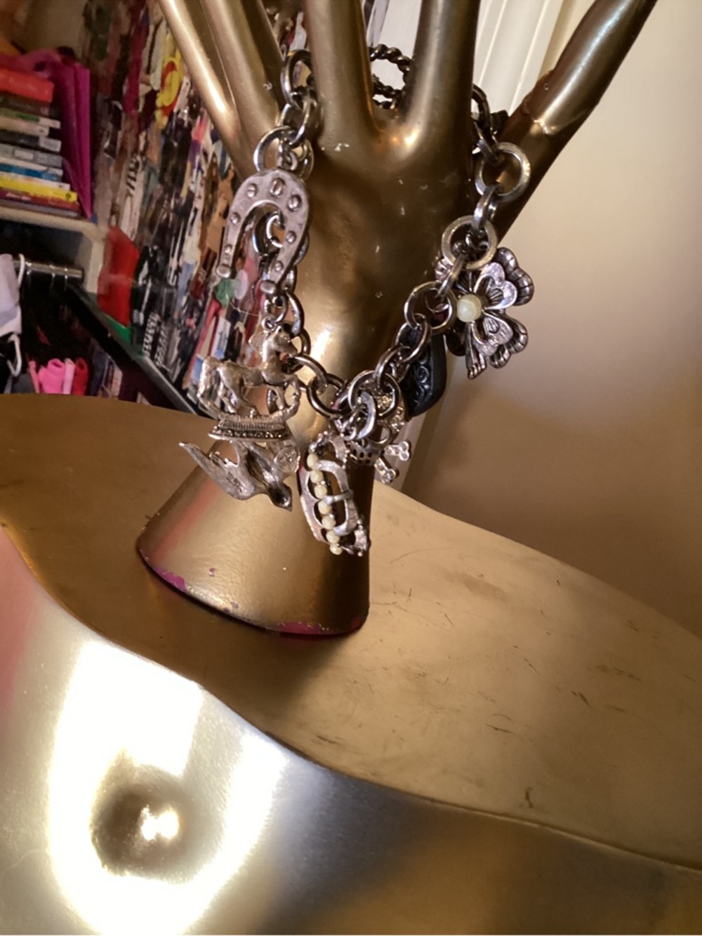 Vintage LUCKY Silver Charm Bracelet with Floral and Horse Charms -